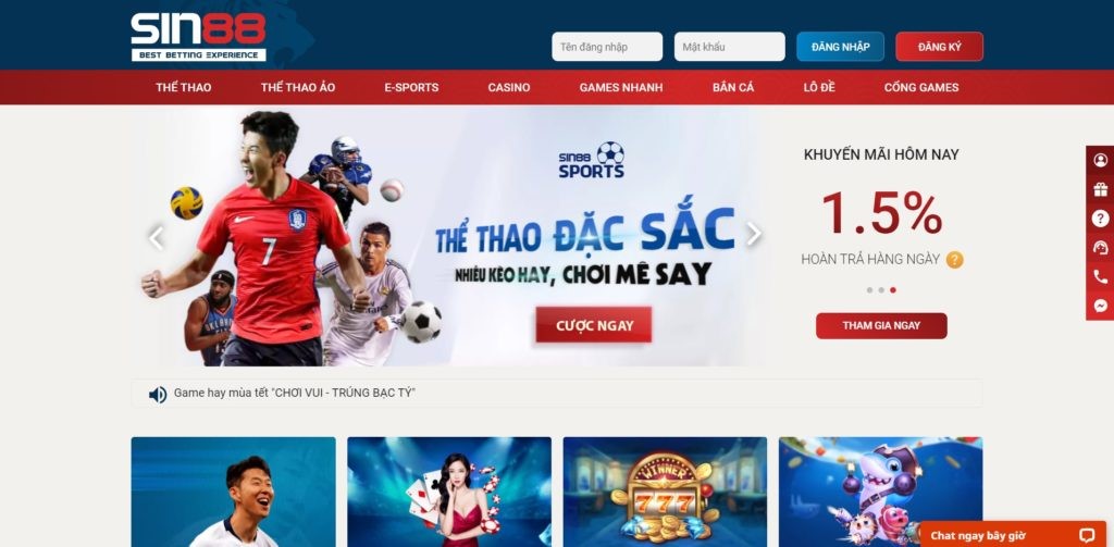 Giao diện website của Sin88 được thiết kế nổi bật, ấn tượng