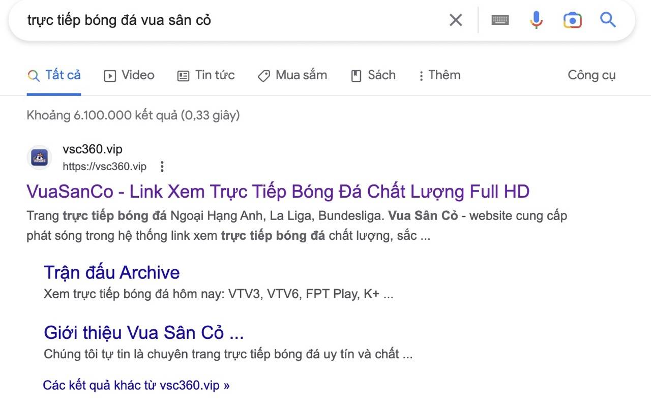 Tìm kiếm trực tiếp bóng đá Vua Sân Cỏ trên google