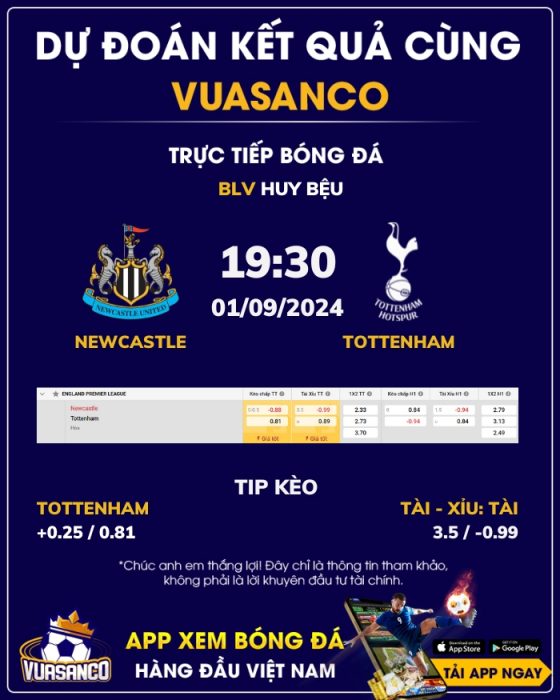 Soi kèo Newcastle vs Tottenham – 19h30 – 01/09 – Ngoại hạng Anh