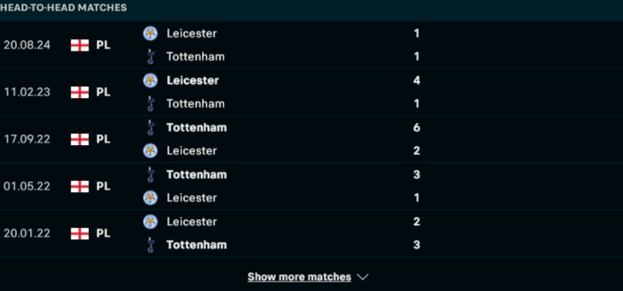 Lịch sử đối đầu Tottenham vs Leicester