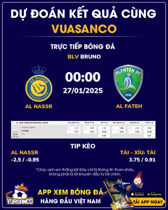 Soi kèo Al Nassr vs Al Fateh – 00h00 – 27/01 – VĐQG Ả Rập Xê Út