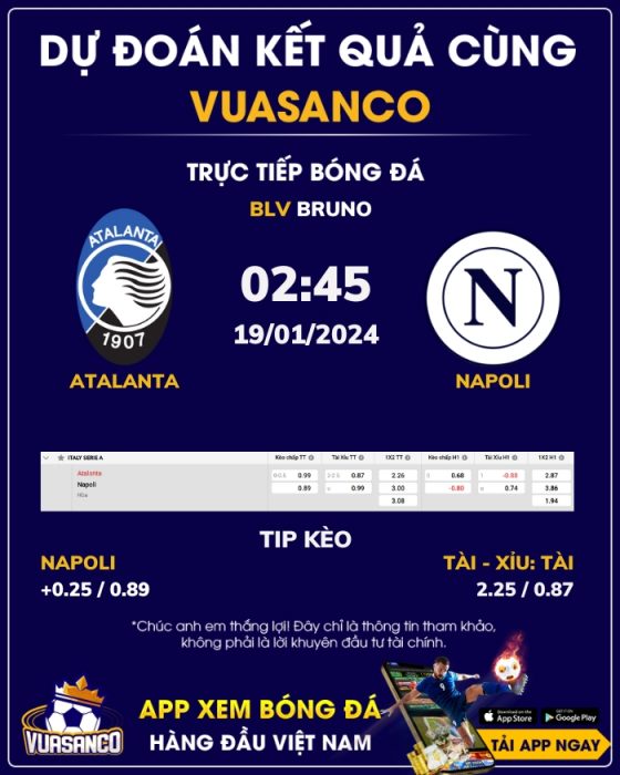 Soi kèo Atalanta vs Napoli – 02h45 – 19/01 – Serie A