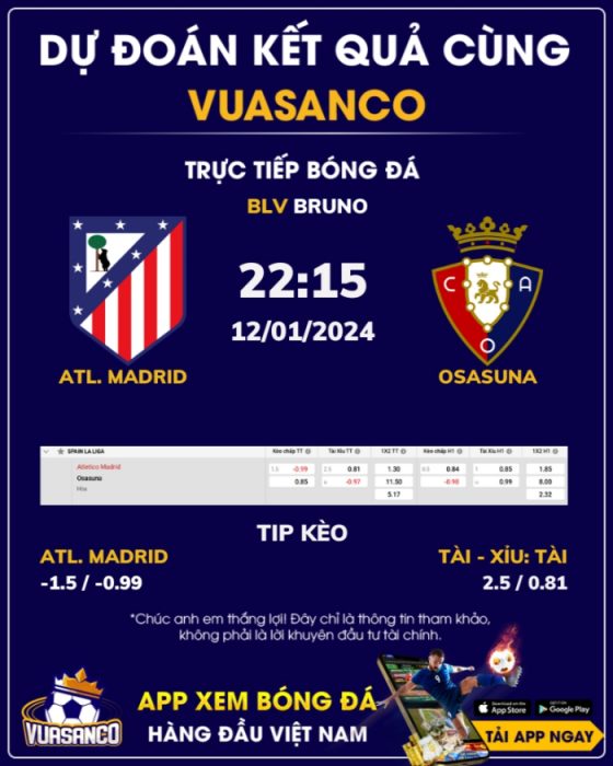 Soi kèo Atl Madrid vs Osasuna – 22h15 – 12/01 – La Liga