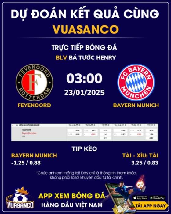 Soi kèo Feyenoord vs Bayern Munich – 03h00 – 23/01 – Champions League