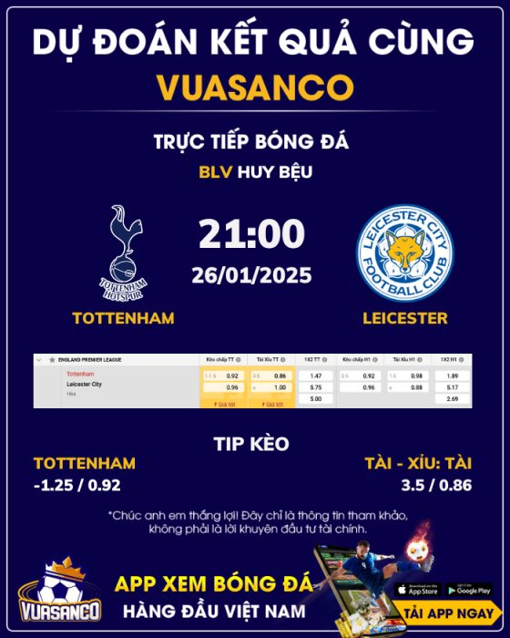 Soi kèo Tottenham vs Leicester – 21h00 – 26/01 – Ngoại hạng Anh