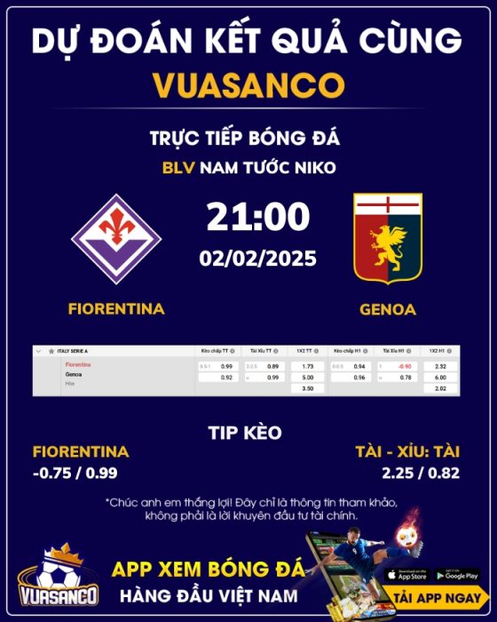 Soi kèo Fiorentina vs Genoa – 21h00 – 02/02 – Serie A